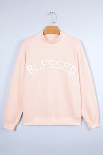 Oversized 'Blessed' Embroidered Mock Neck Sweatshirt - eAura