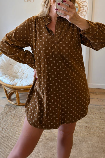 Polka Dot V Neck Long Sleeve Button Shift Dress – Brown