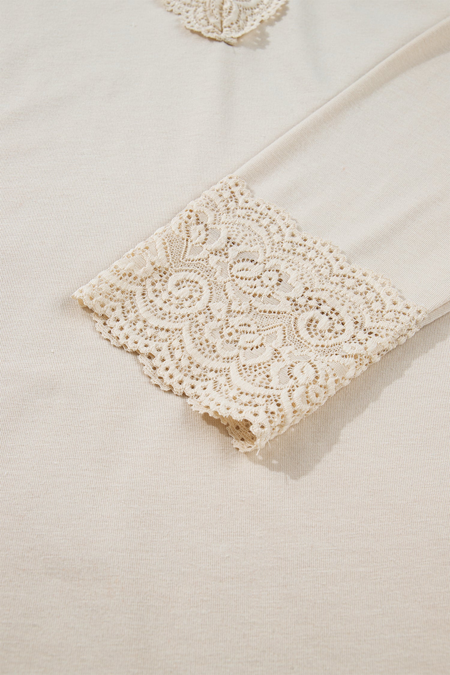 Apricot Lace Splicing V Neck Long Sleeve Top – Beige
