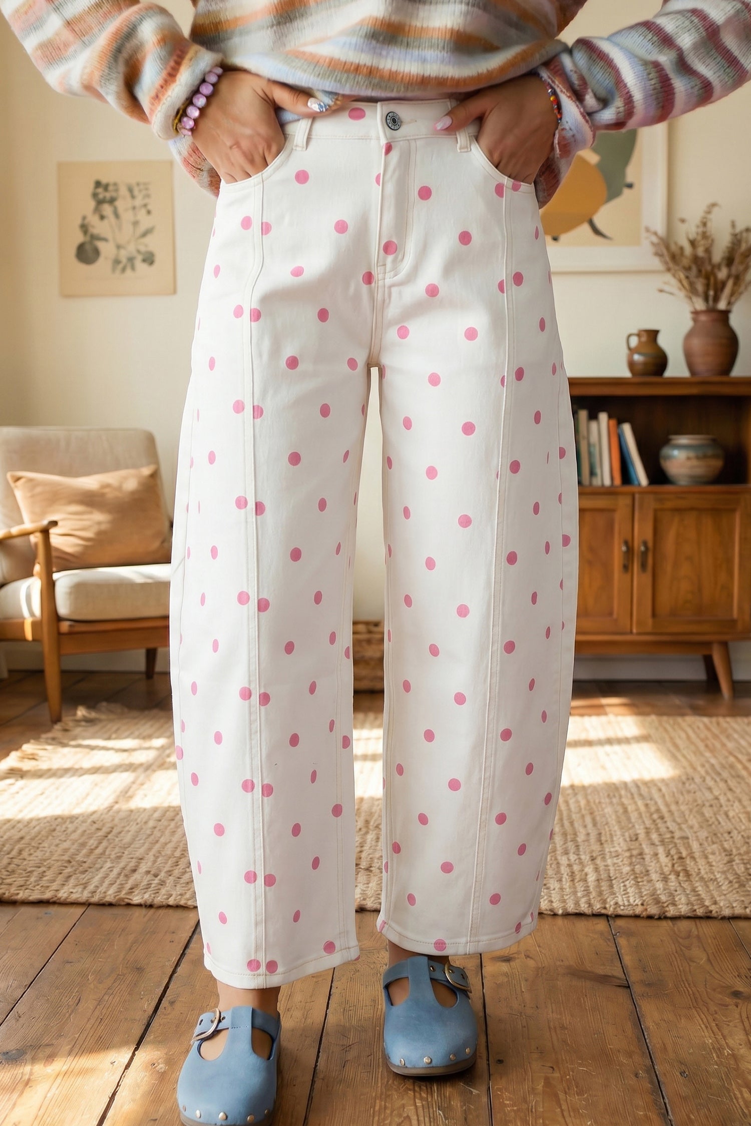 Polka Dot Print Seam Detail Barrel Jeans – Pink