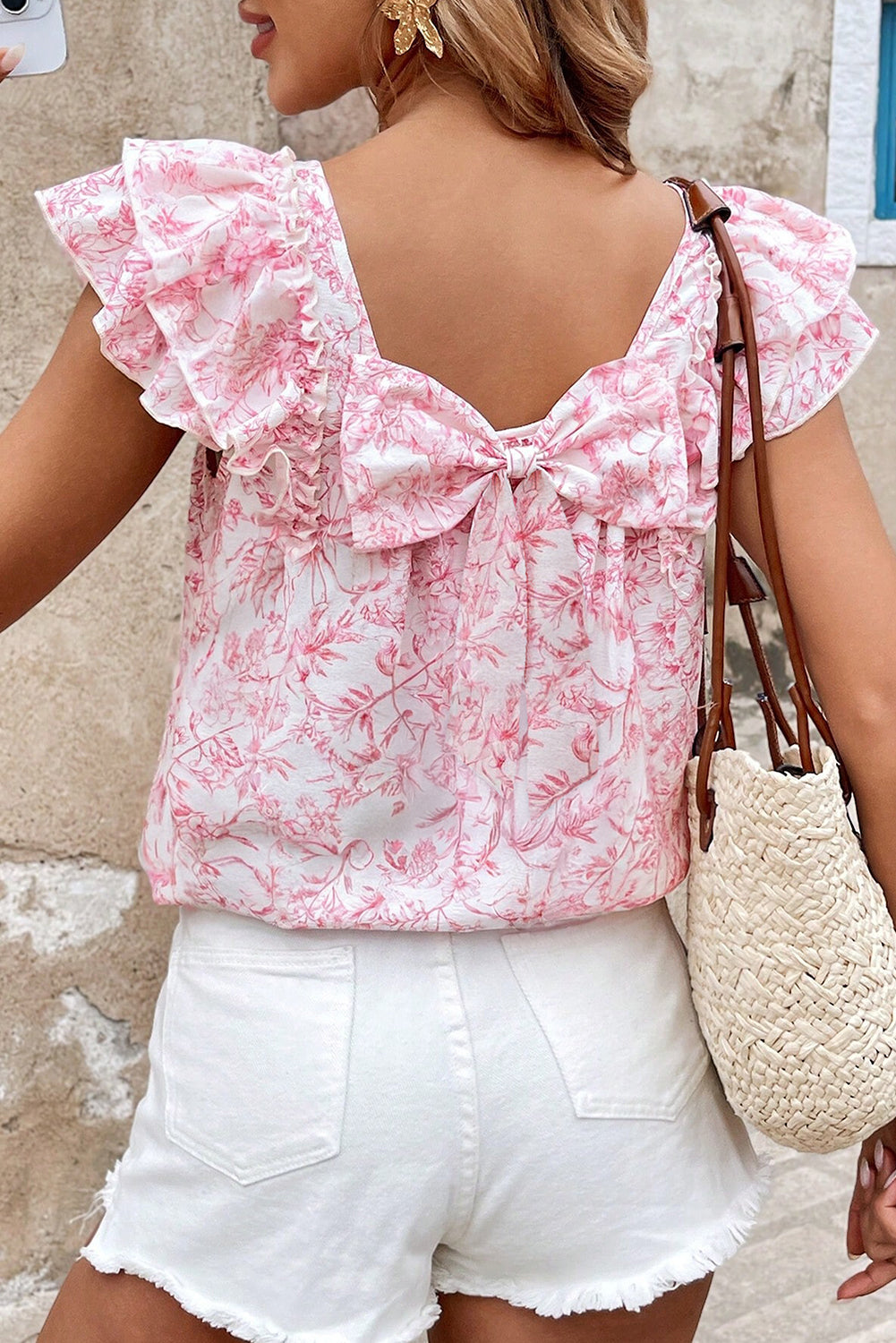 Floral Ruffled Short Sleeve Bow Back Square Neck Blouse eAura