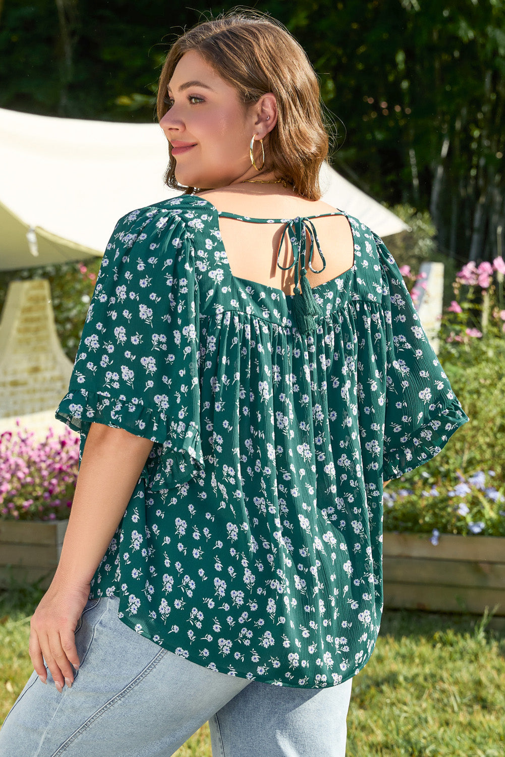 Green Floral Print Square Neck Ruffled Trim Plus Size Blouse BB Fashion Outlet
