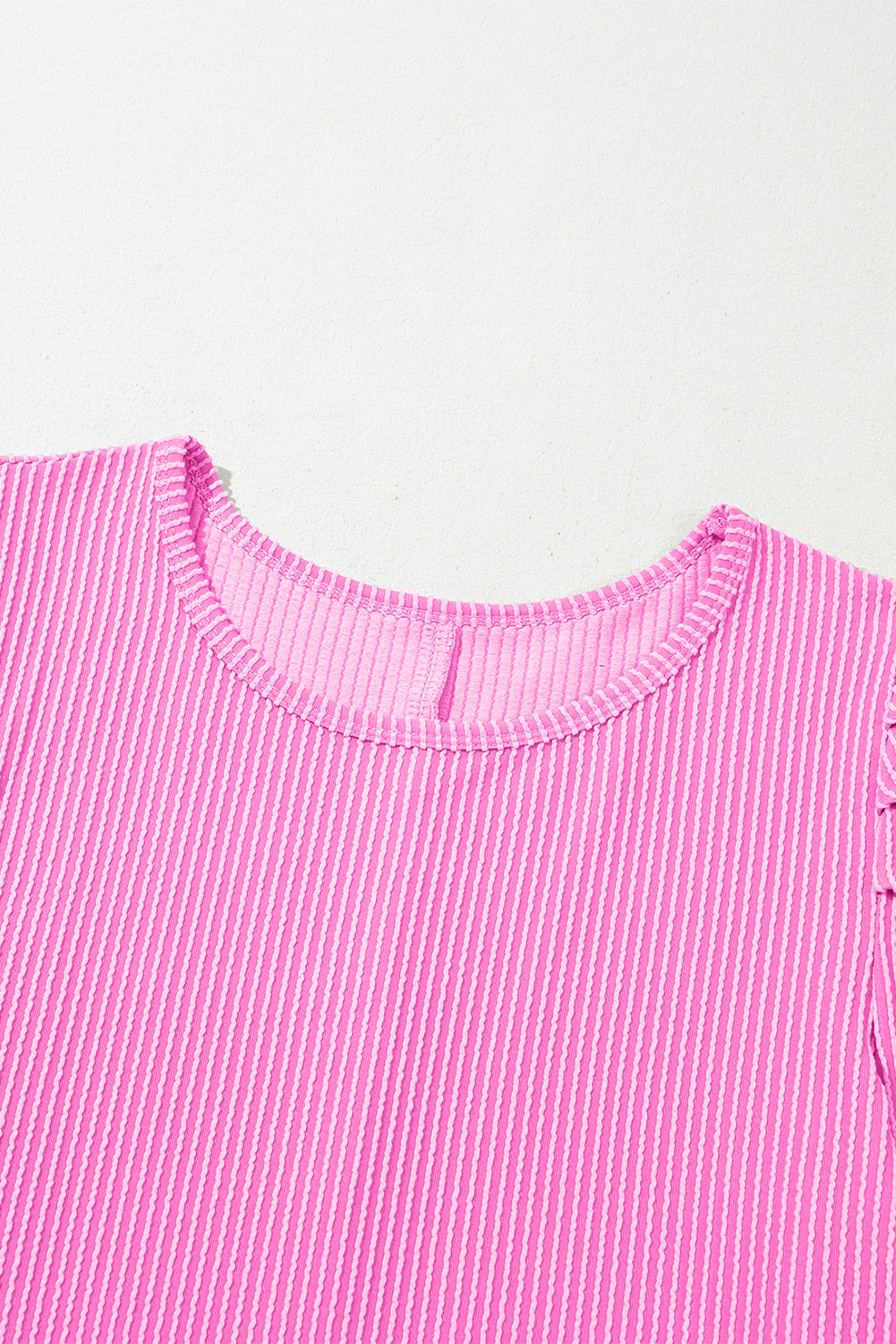 Bright Pink Ribbed Knit Crew Neck Puff Sleeve Shift Mini Dress eAura