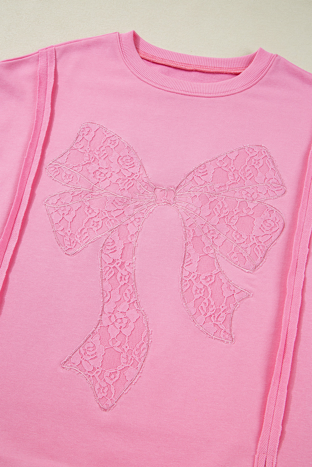 Lace Insert Bow Embroidered Exposed Seam Sweatshirt - eAura