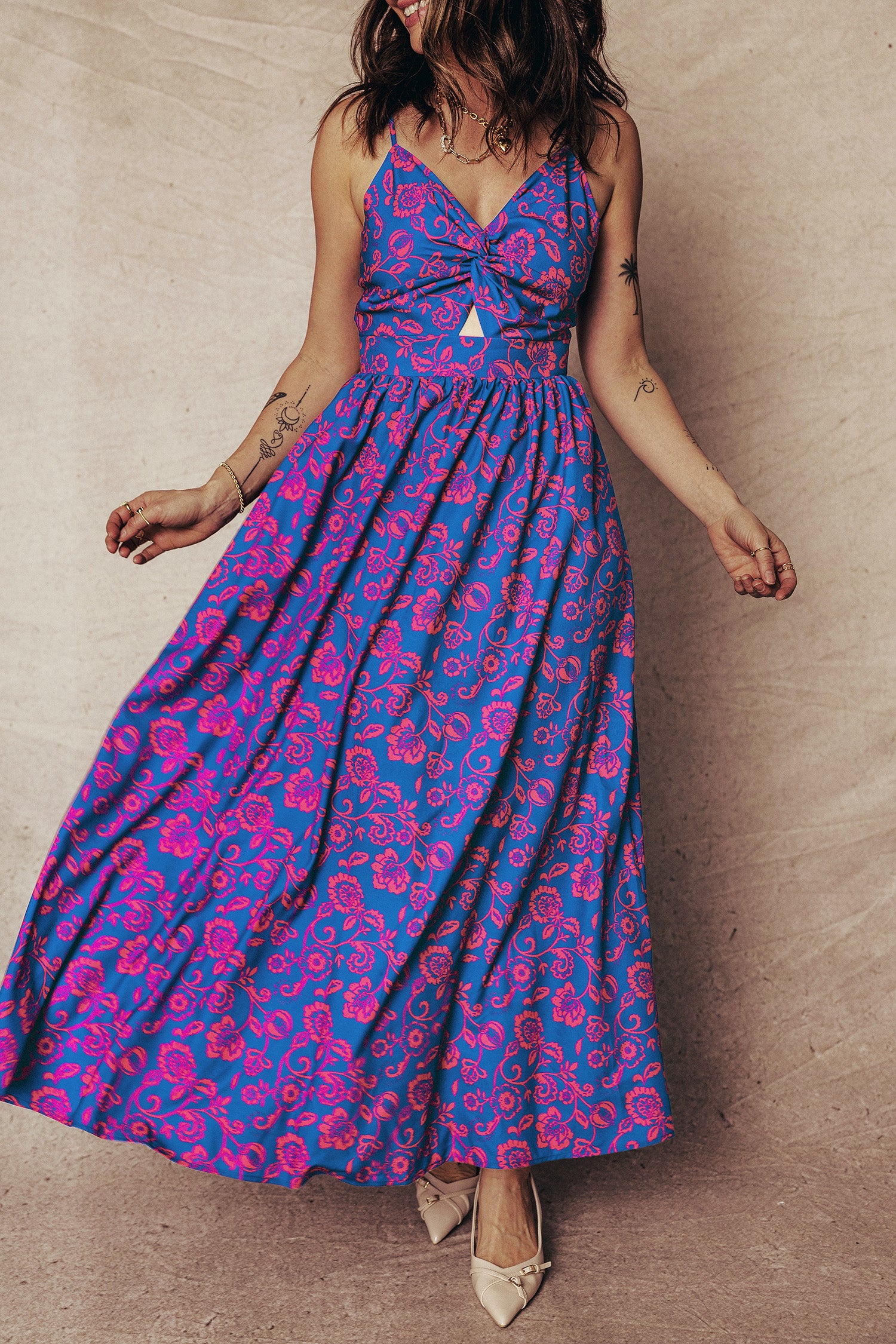 Blue Floral Print Twisted V-Neck Tied Backless Maxi Dress