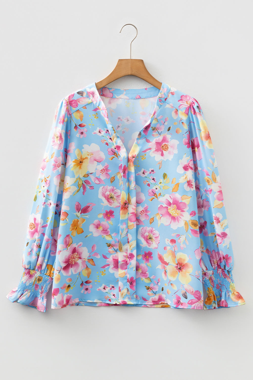 Sky Blue Floral Smocked Cuff Flounce Sleeve V-Neck Blouse eAura