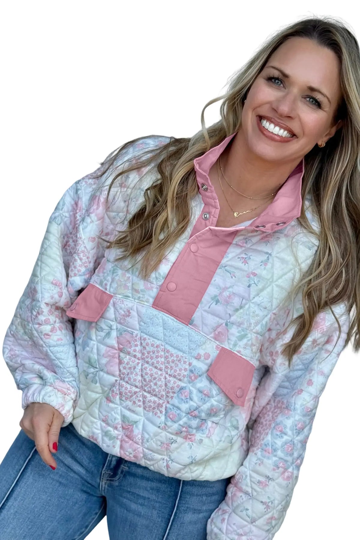 Floral Quilted V-Neck Plus Size Fake Pocket Sweatshirt – Pink