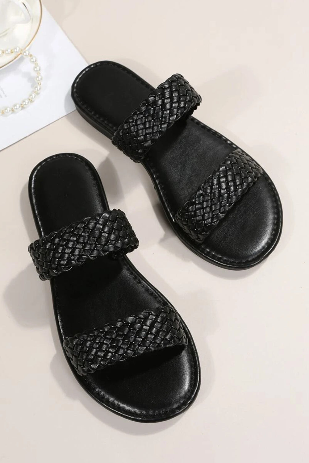 Black Braided Double Band Leathered Flat Sandals Beagle Boutique Fashion Outlet