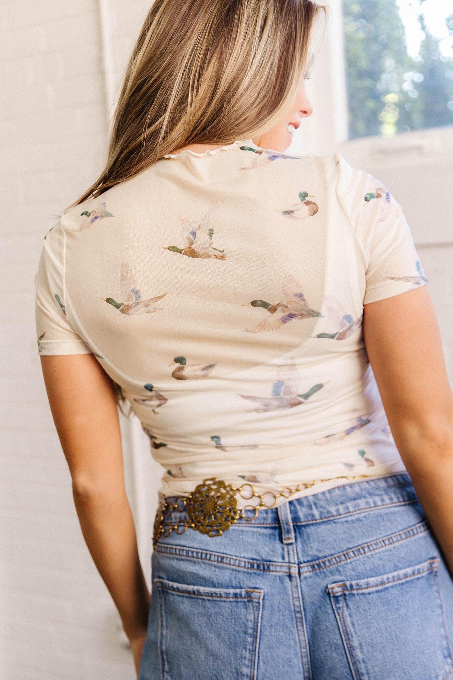 Beige Mallard Print Sheer Mesh Short Sleeve Top