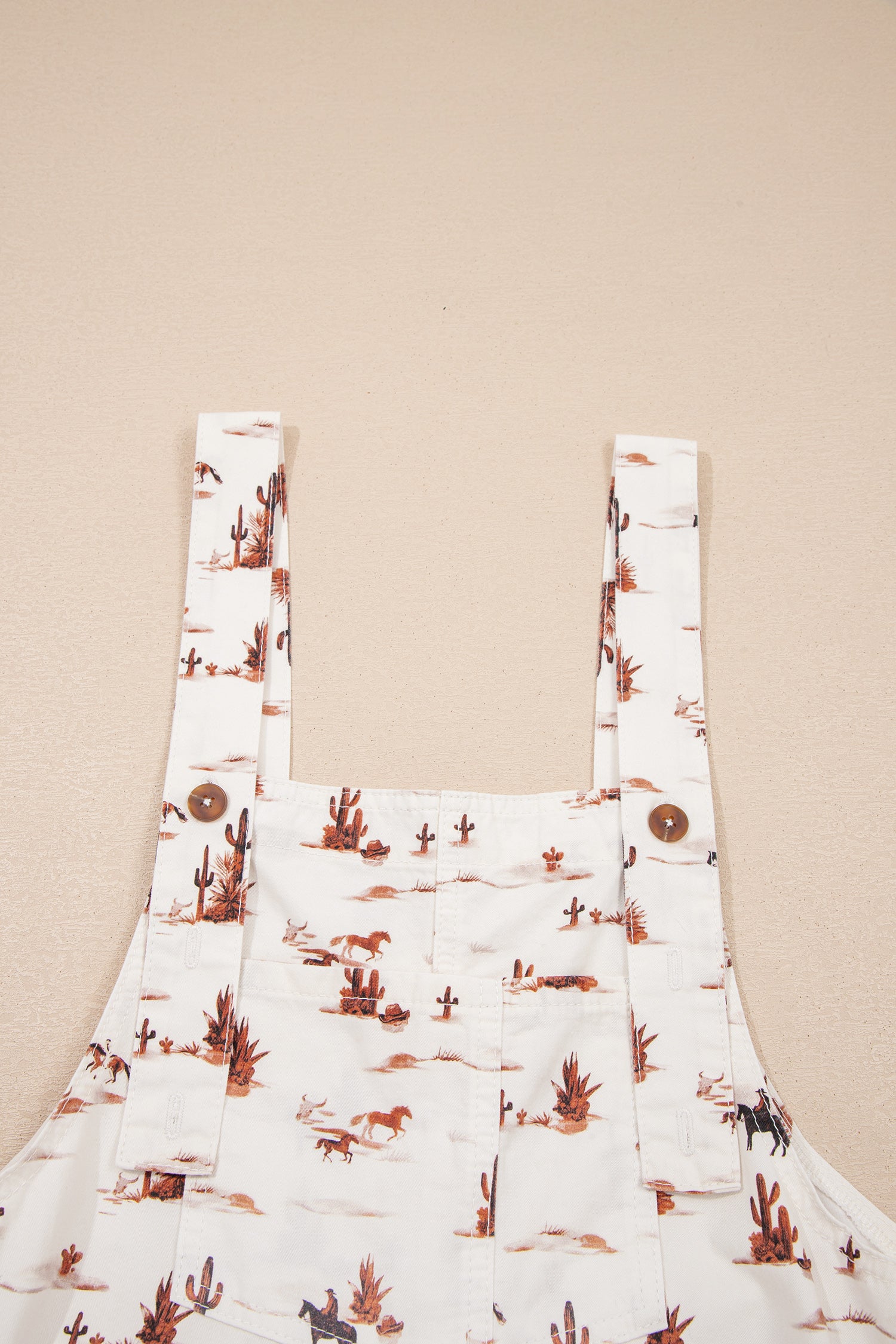 Western Printed Button Adjustable Straps Loose Jumpsuit Dungarees – Beige
