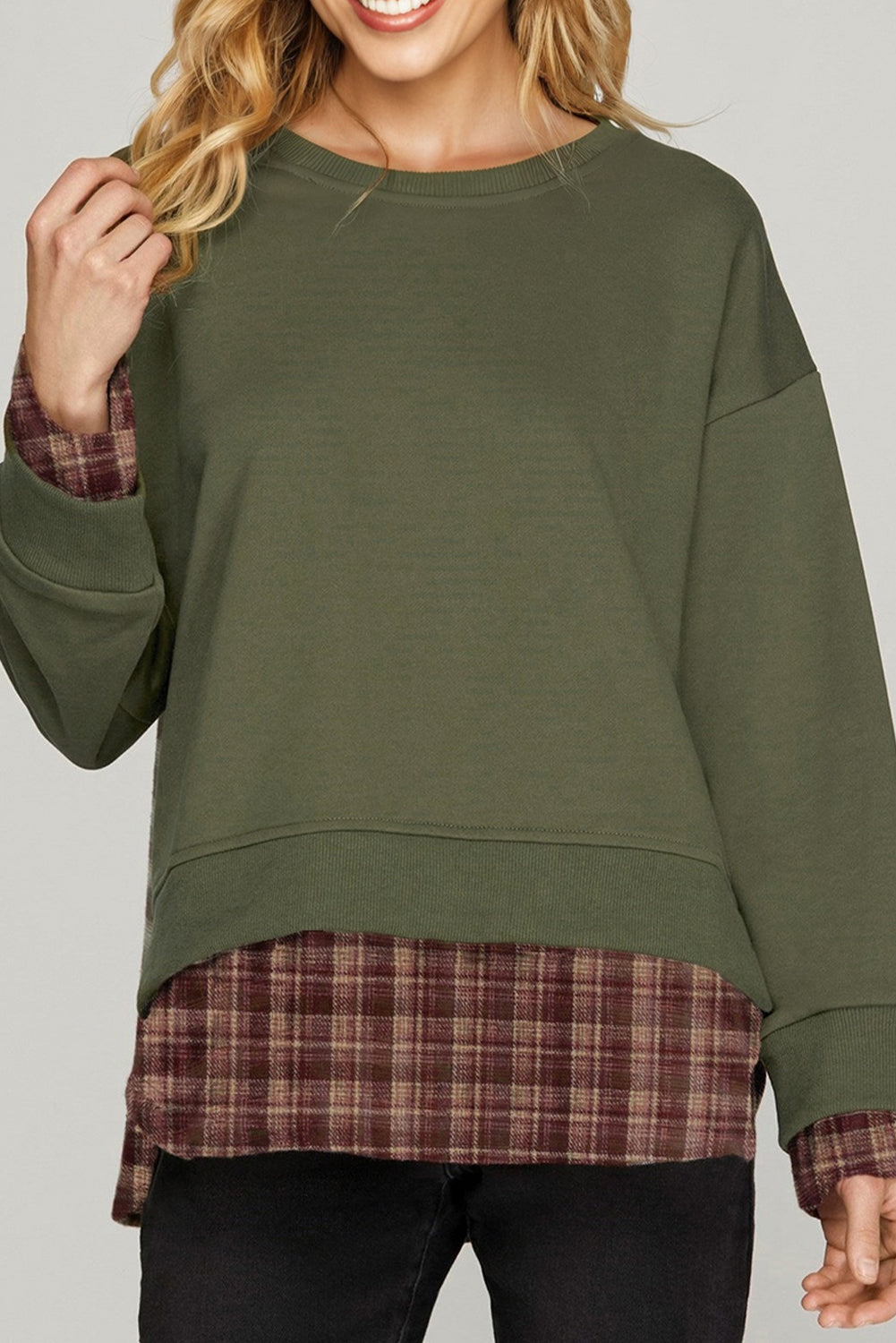 Green Plaid Patchwork Drop Shoulder Sweatshirt - eAura