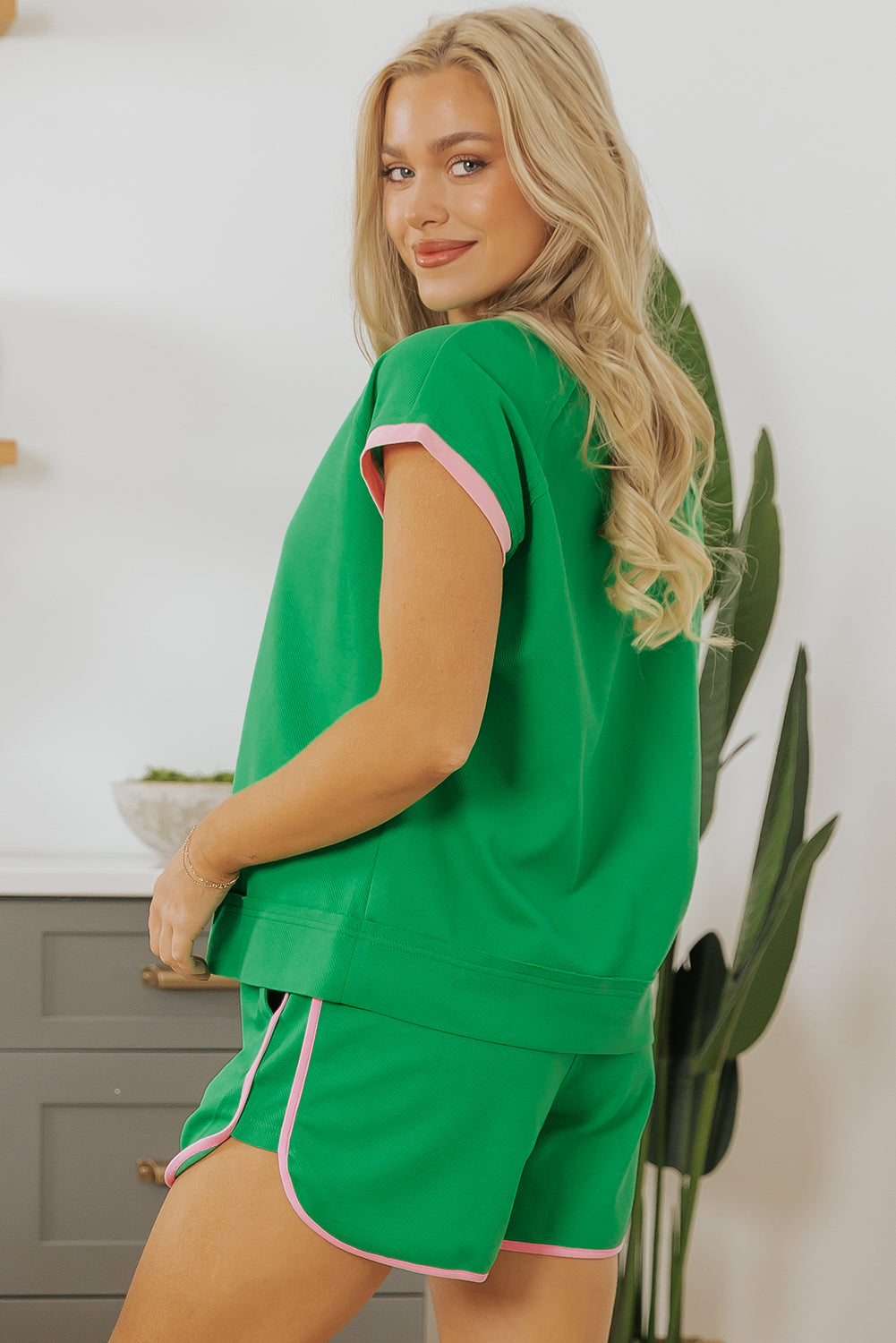 Bright Green Two Tone Contrast Textured Crewneck Tee and Shorts Set eAura