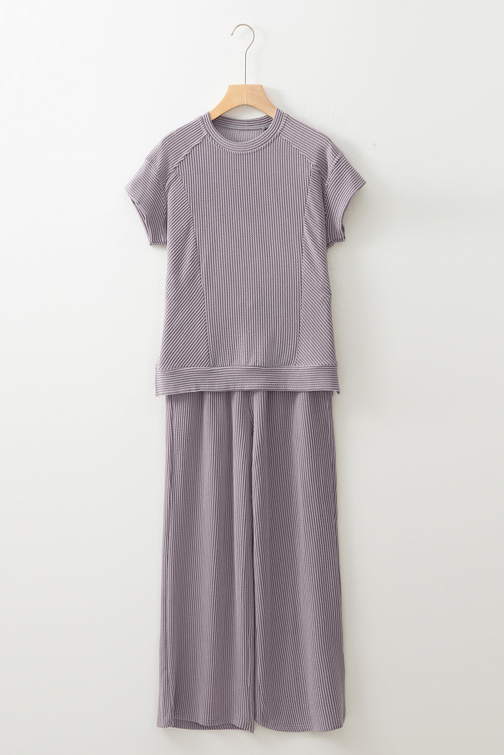 Bright Pink Solid Ribbed Knit Short Sleeve T Shirt and Wide Leg Trousers Set eAura