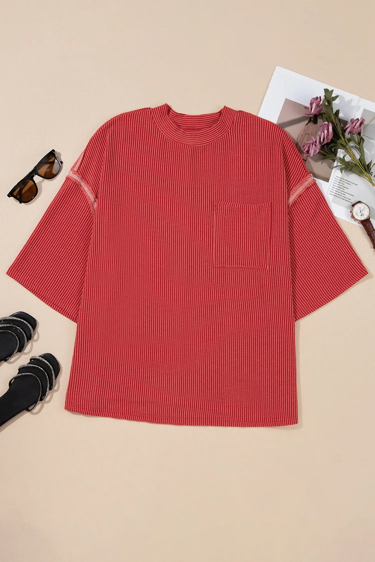 Twist Ribbed Tunic Round Neck Bracelet Sleeve Plus Size Blouse – Fiery Red