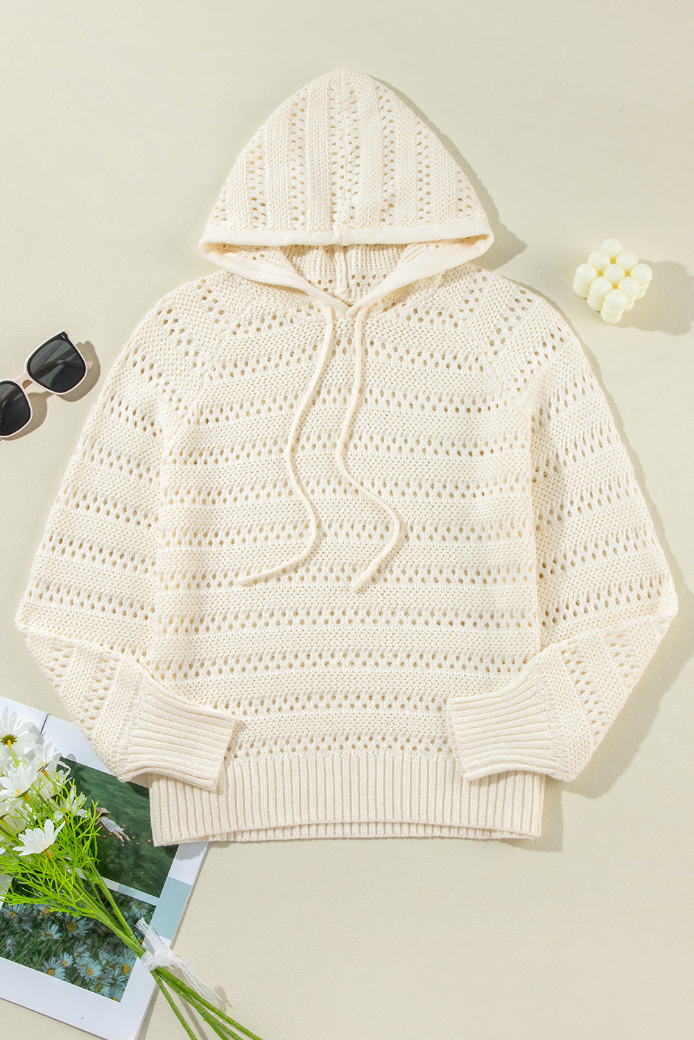Peach Blossom Pointelle Knit Raglan Sleeve Hooded Sweater eAura