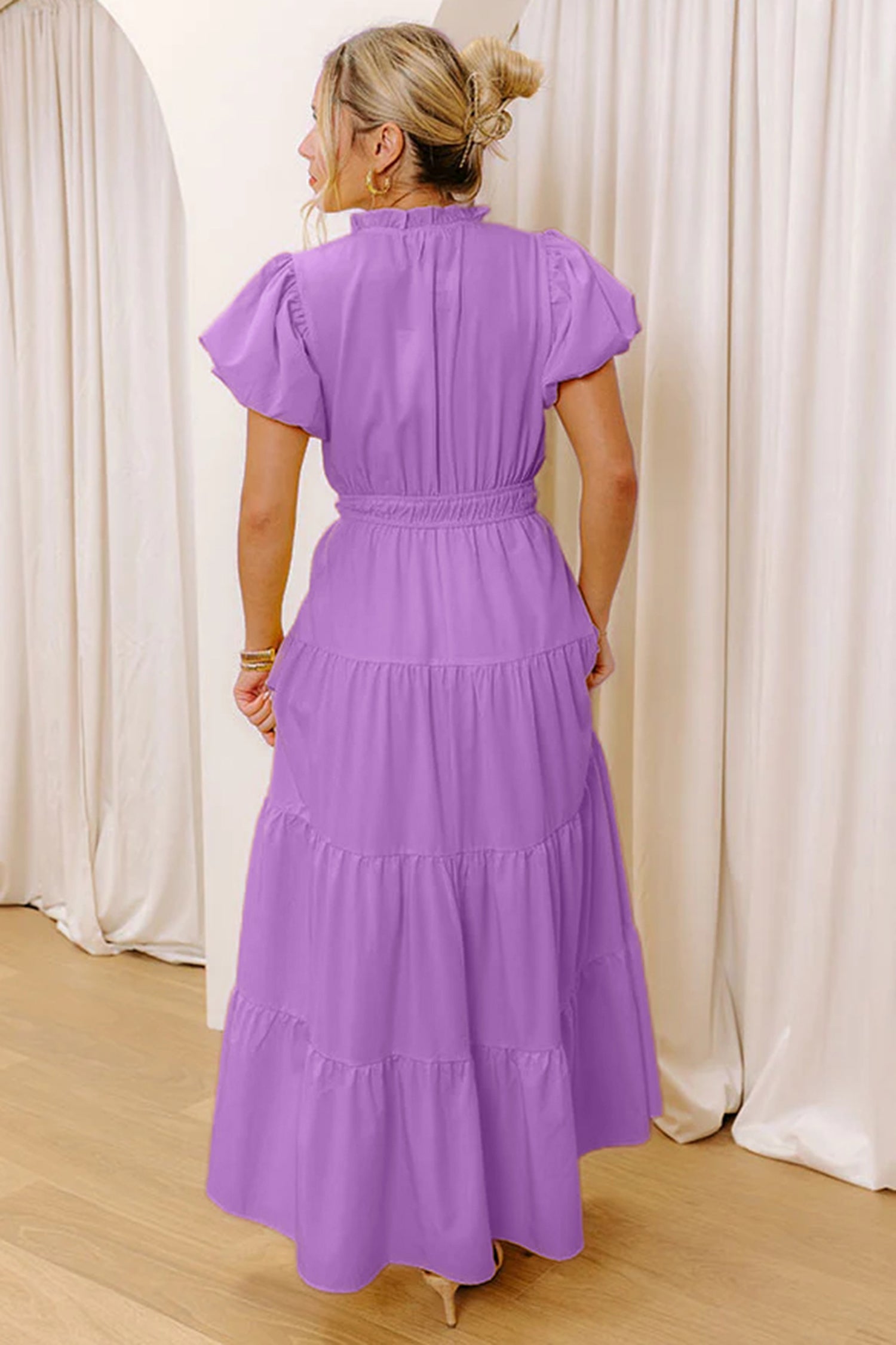 Women's V-Neck Puff Sleeve Tiered Maxi Dress