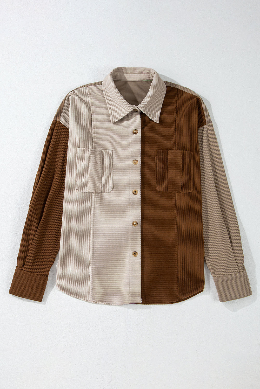 Brown Colour Block Chest Pockets Buttoned Corduroy Shacket Beagle Boutique Fashion Outlet