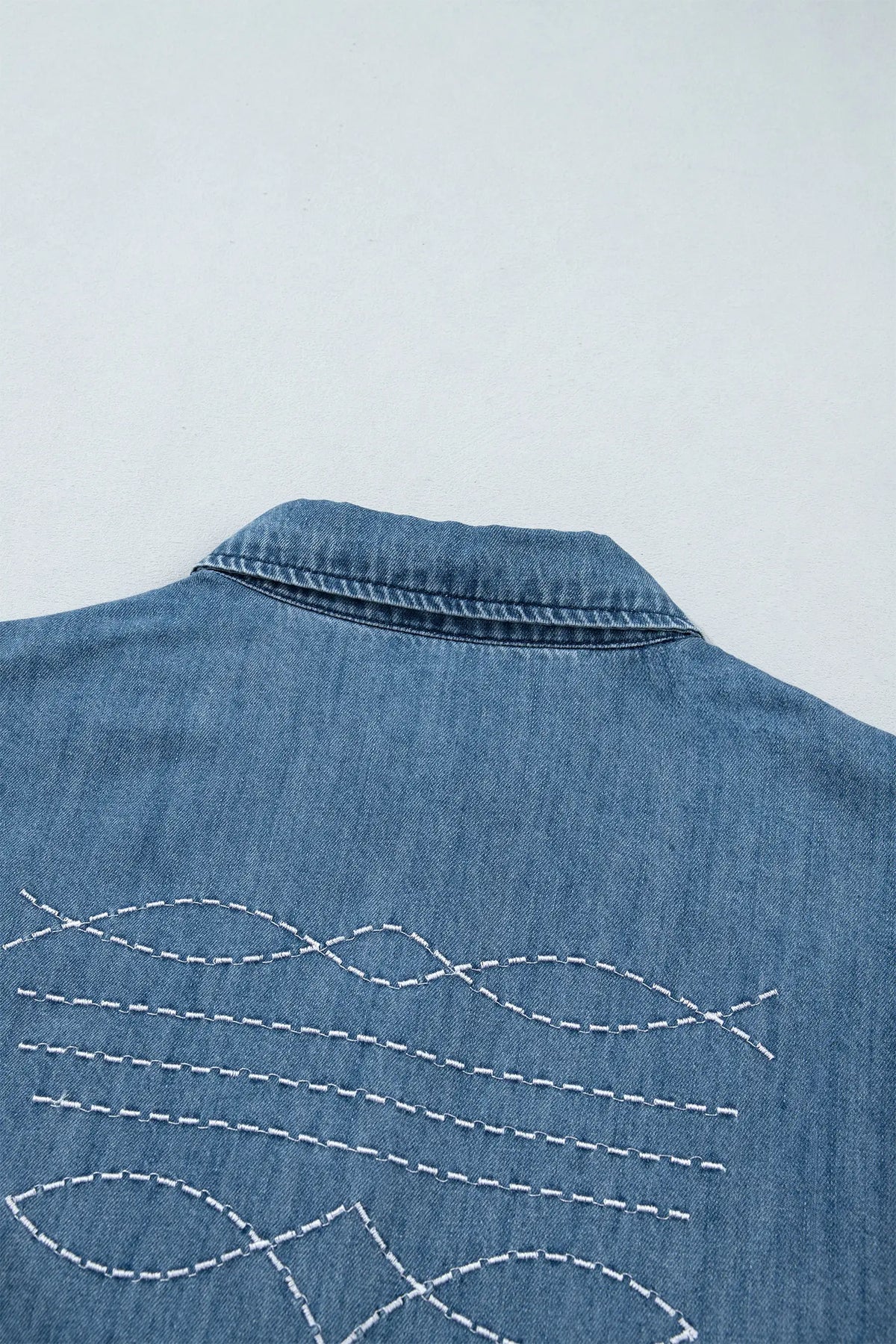 Embroidered Western Detail Long Sleeve Collar Shirt – Blue