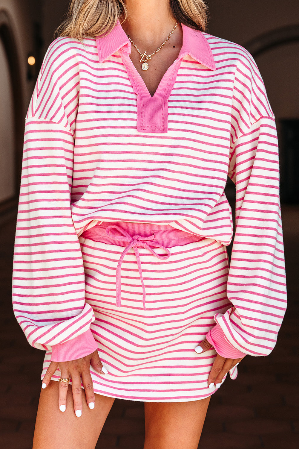 Stripe Collared V-Neck Drop Shoulder Pullover and Skort 2pcs Co-ord eAura
