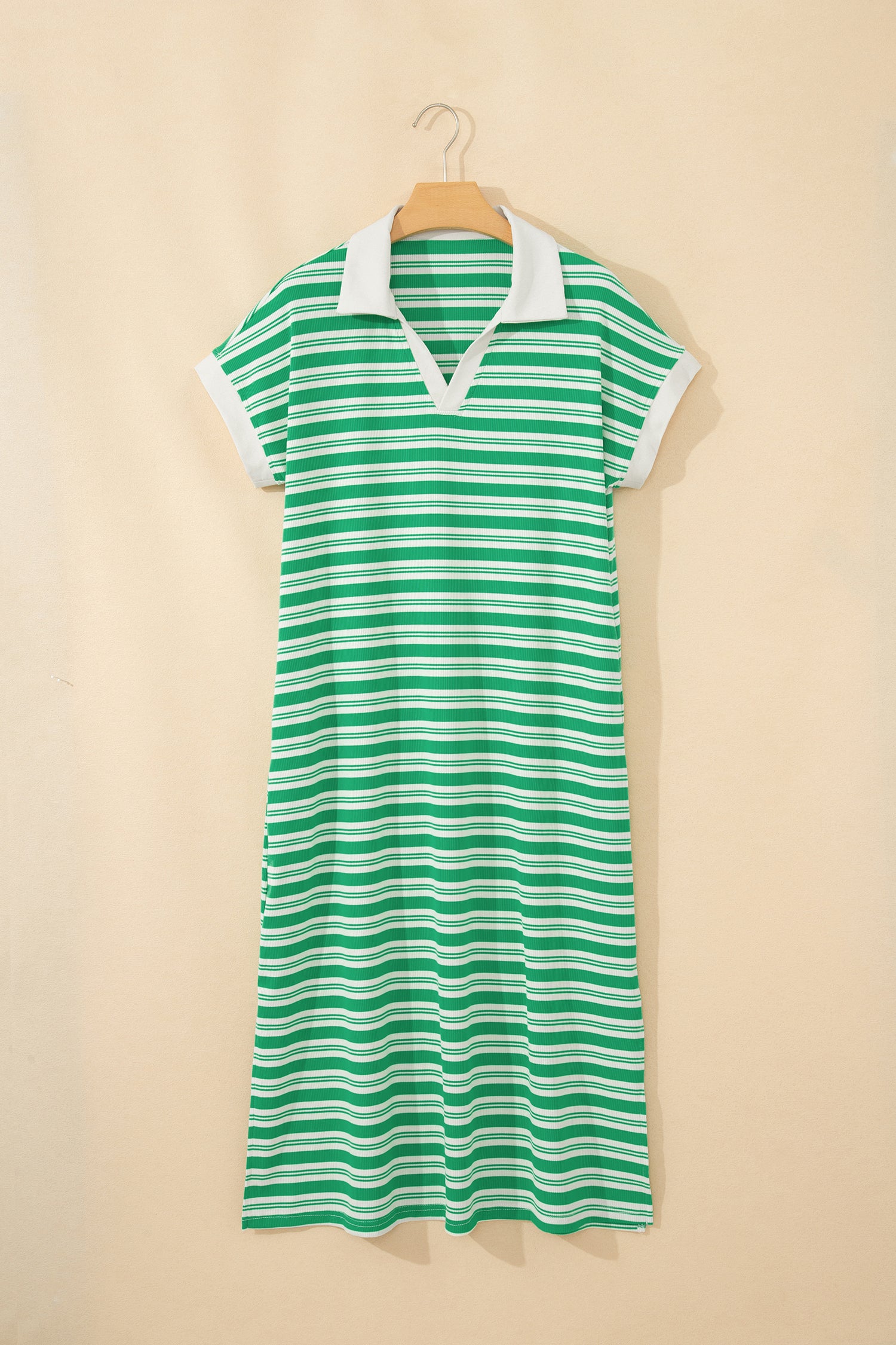 Stripe Collared V-Neck Short Sleeve T-Shirt Midi Dress with Pockets