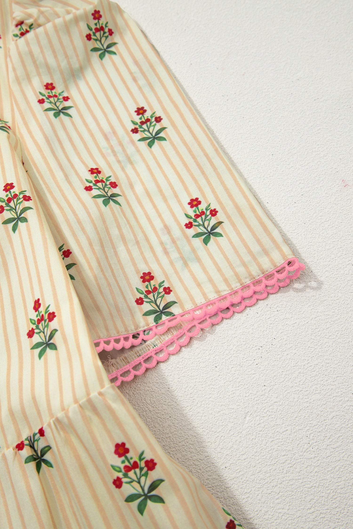 Striped Floral Print Contrast Detail Ruffle Hem Short Dress