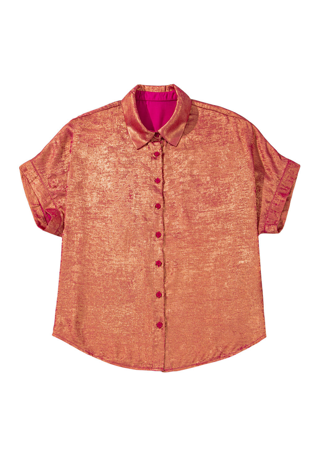 Rose Red Plus Size Metallic Sheen Short Sleeve Button Up Shirt BB Fashion Outlet