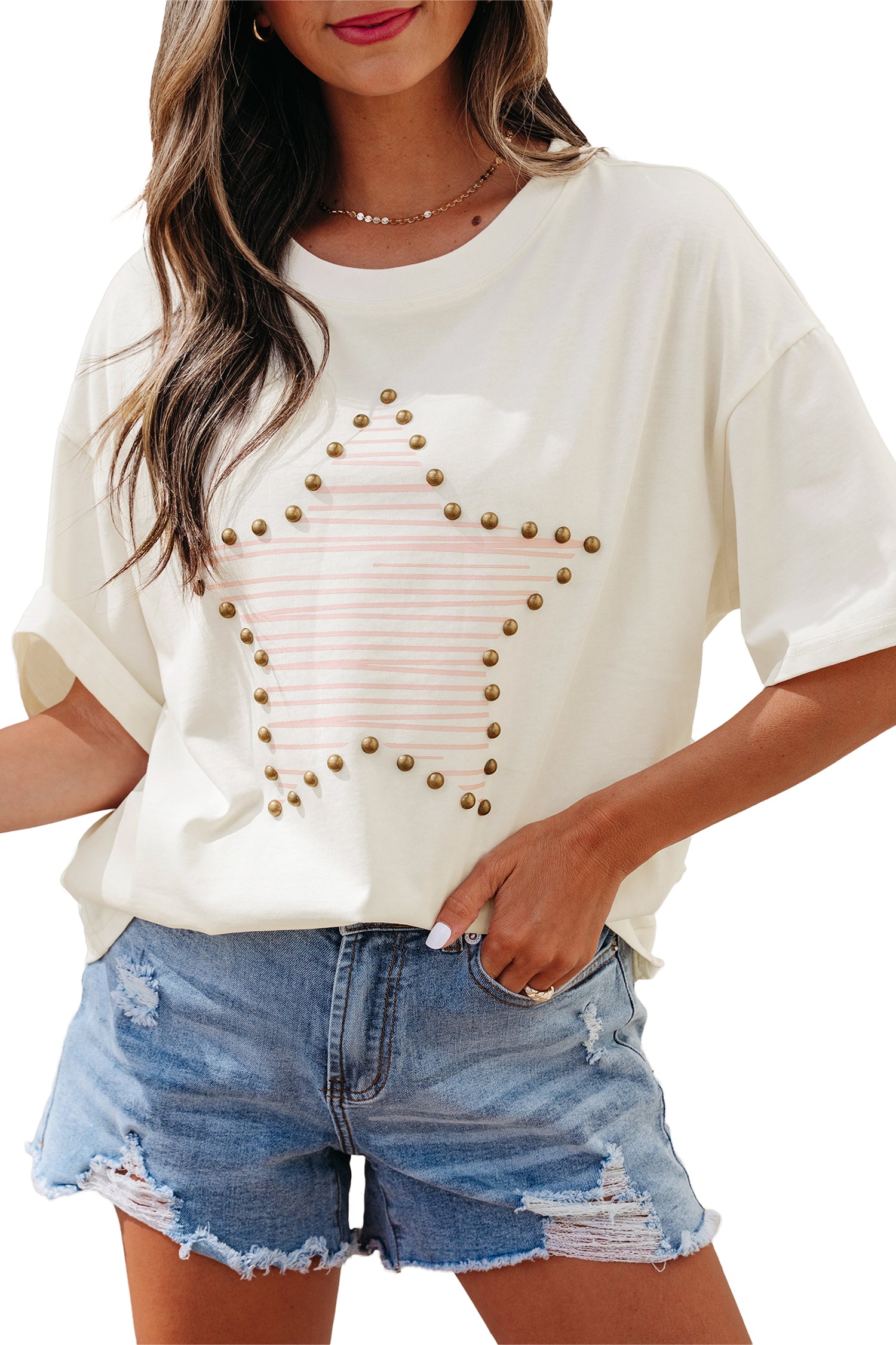 Star Print Stud Detail Cotton Jersey Top – Beige