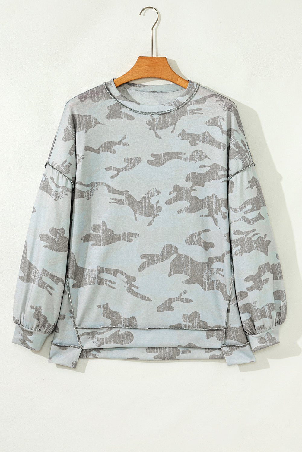 Retro Camouflage Print Exposed Seam Patchwork Drop Shoulder Sweatshirt - eAura