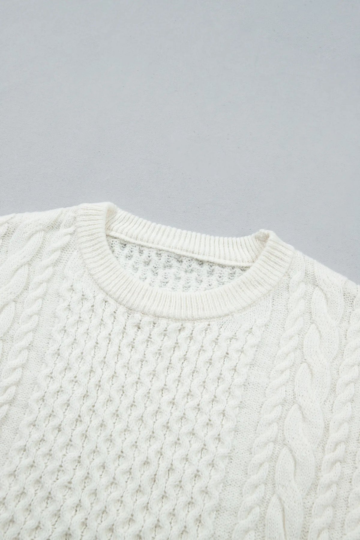 Solid Colour Cable Detail Knit Loose Round Neck Sweater – Beige