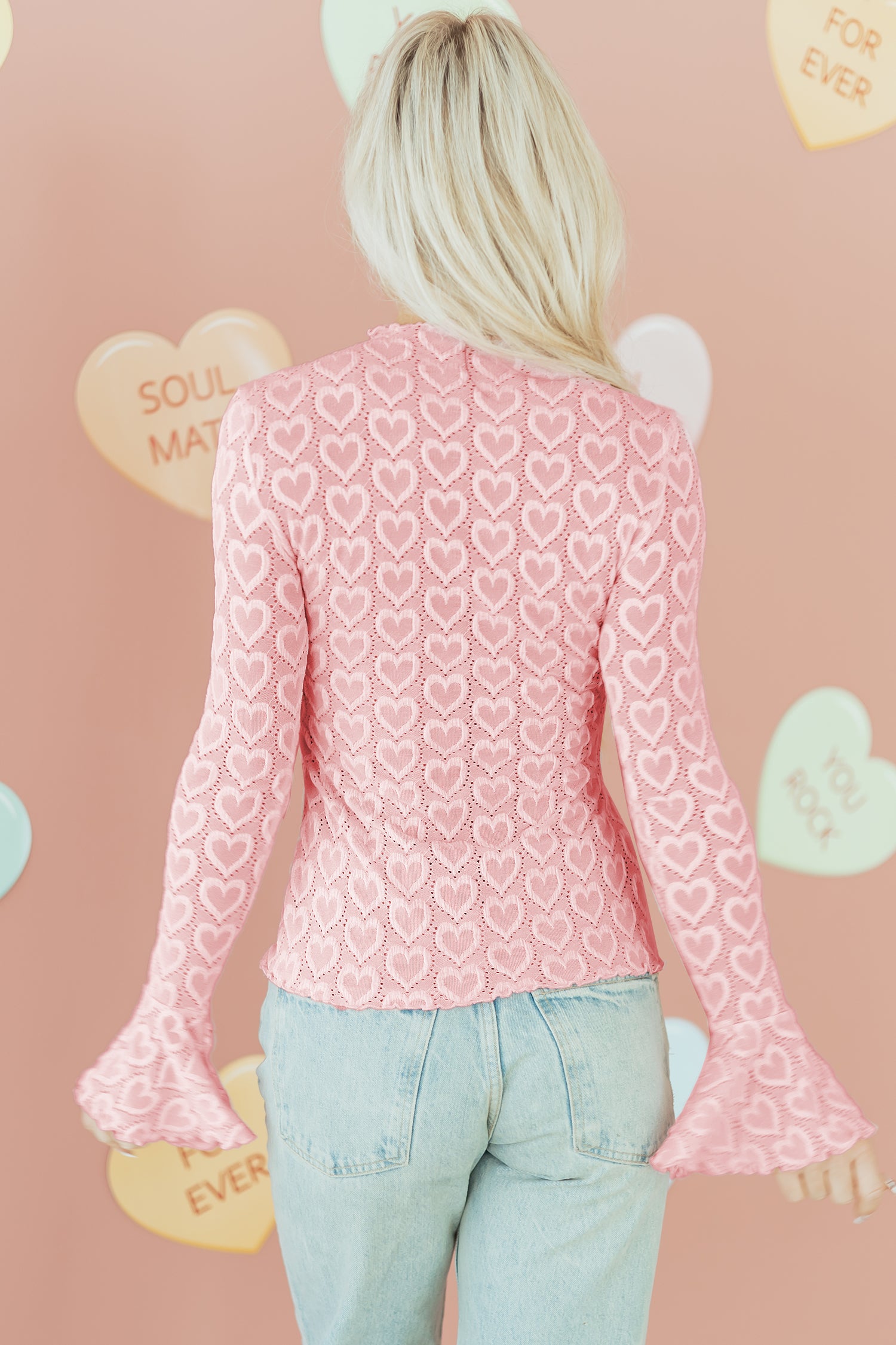 Gossamer Pink Heart Jacquard Flare Sleeve Mock Neck Fitted Top