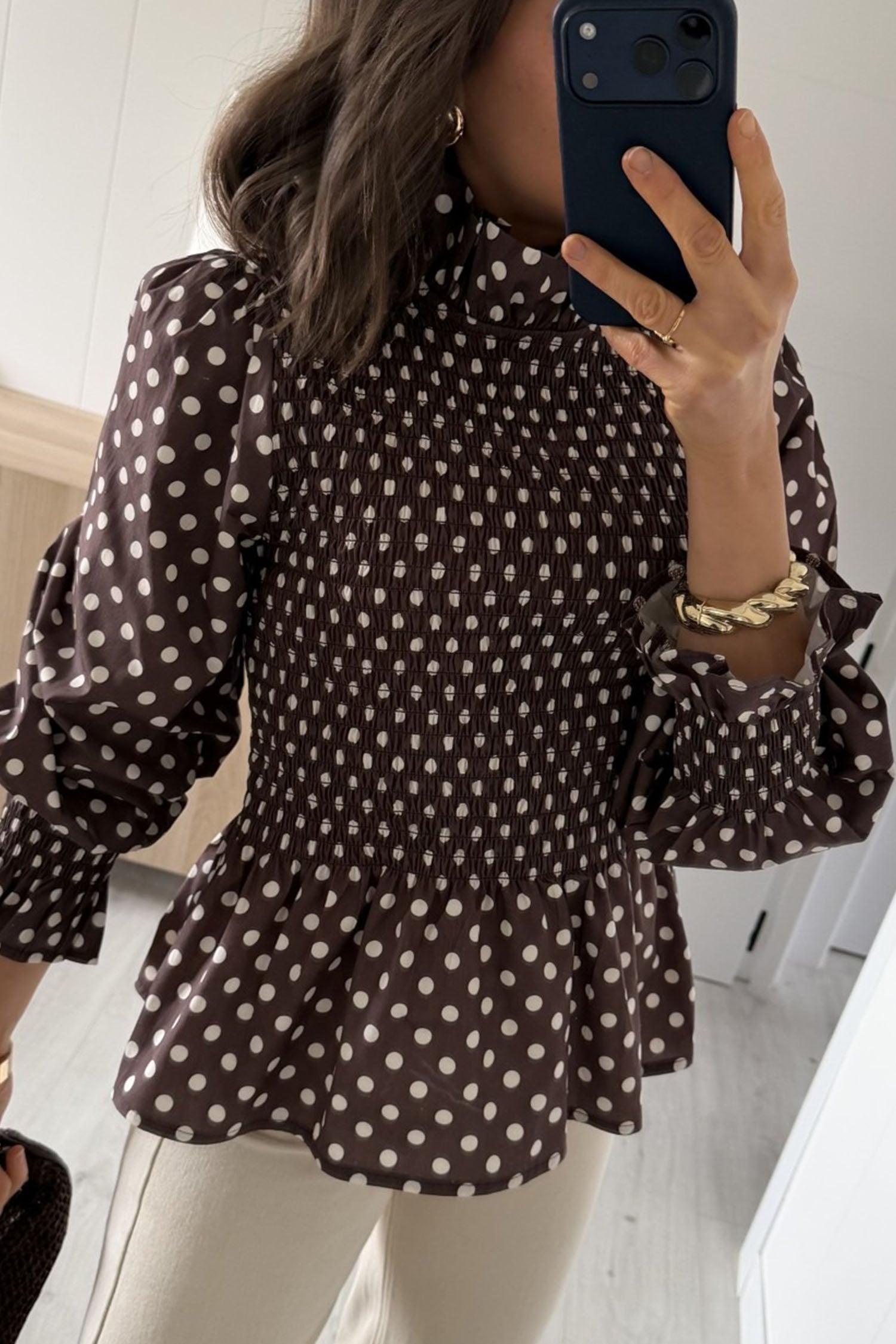 Polka Dot Ruffled High Neck Shirred Ruffle Hem Blouse – Brown