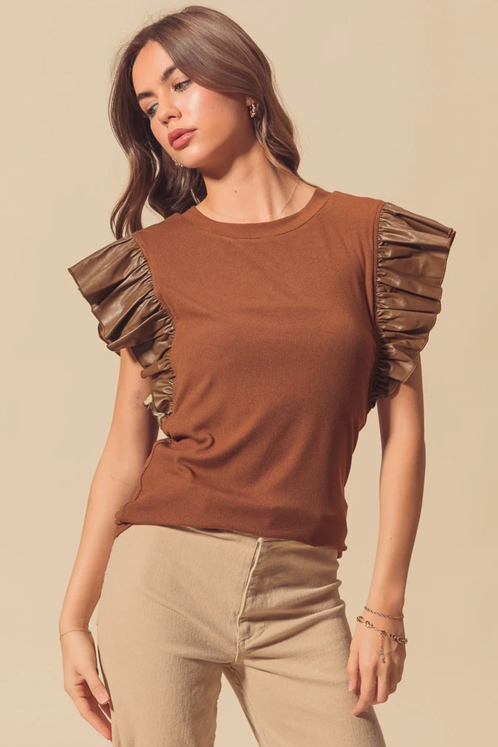 Cinnamon Leather Ruffle Sleeve Patchwork Round Neck Blouse eAura