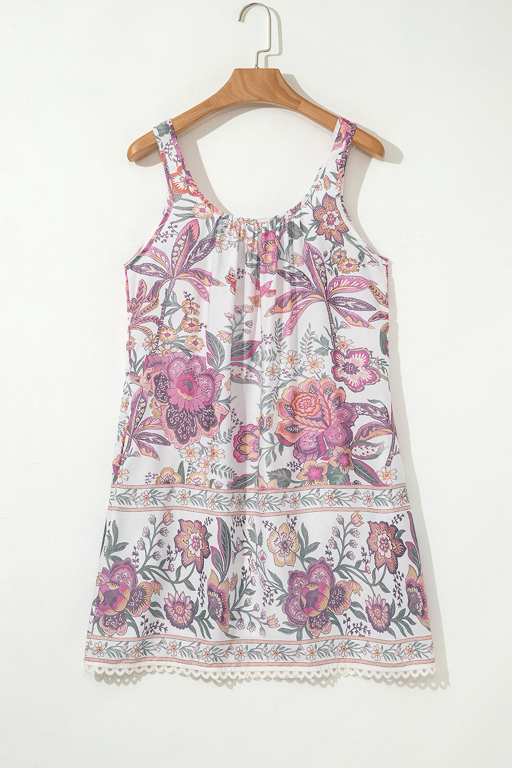 Multicolour Floral Print Fringed Tie U Neck Sleeveless Mini Dress eAura