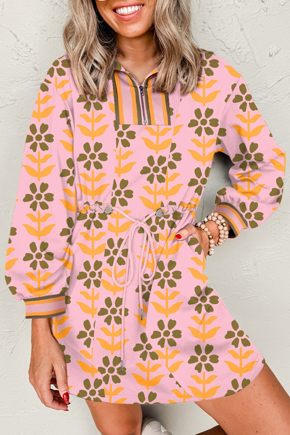Pink Floral Print Zip Neck Striped Patchwork Long Sleeve Drawstring Dress eAura
