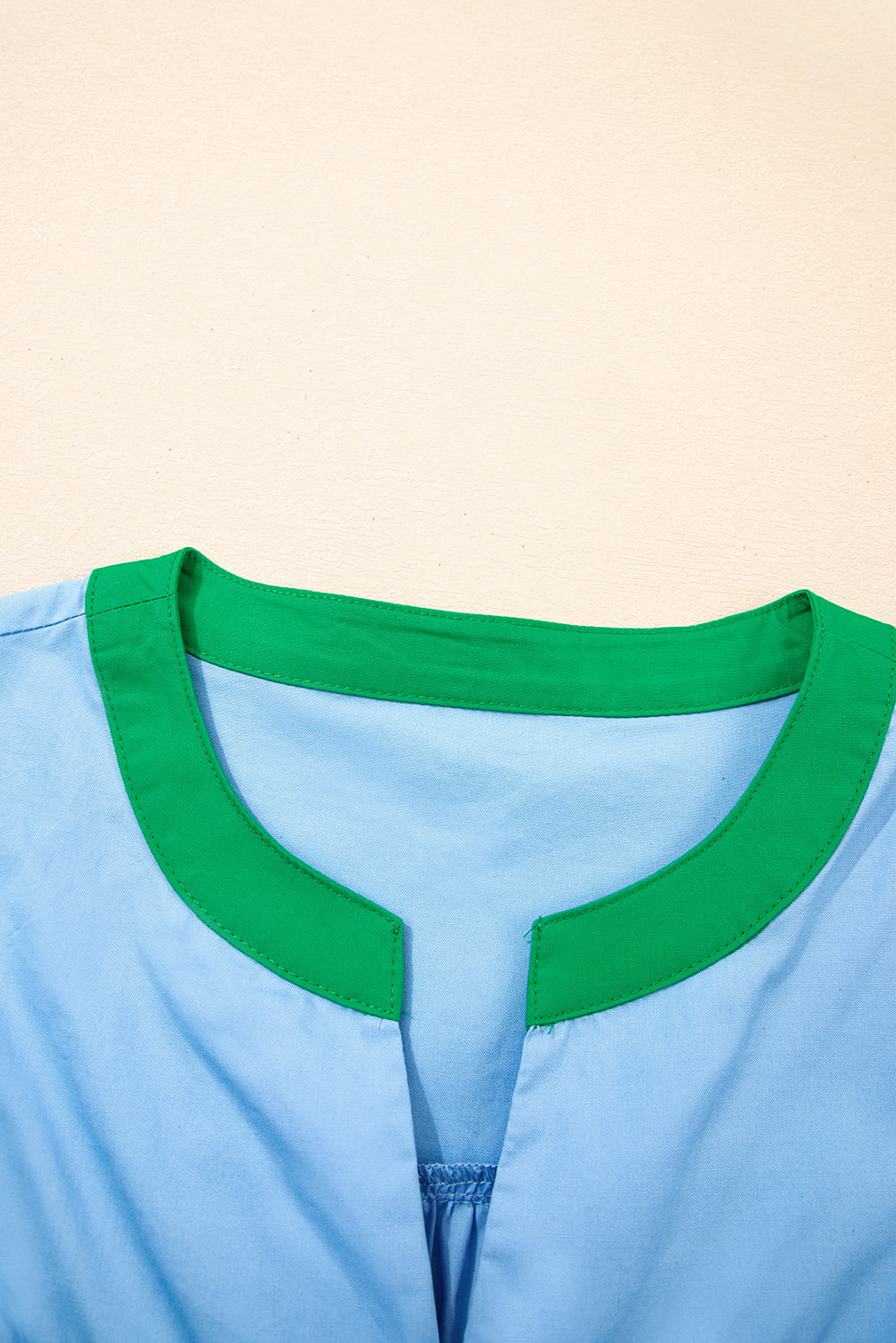 Blue Contrast Notched Neck Frill Detail Short Sleeve Blouse eAura