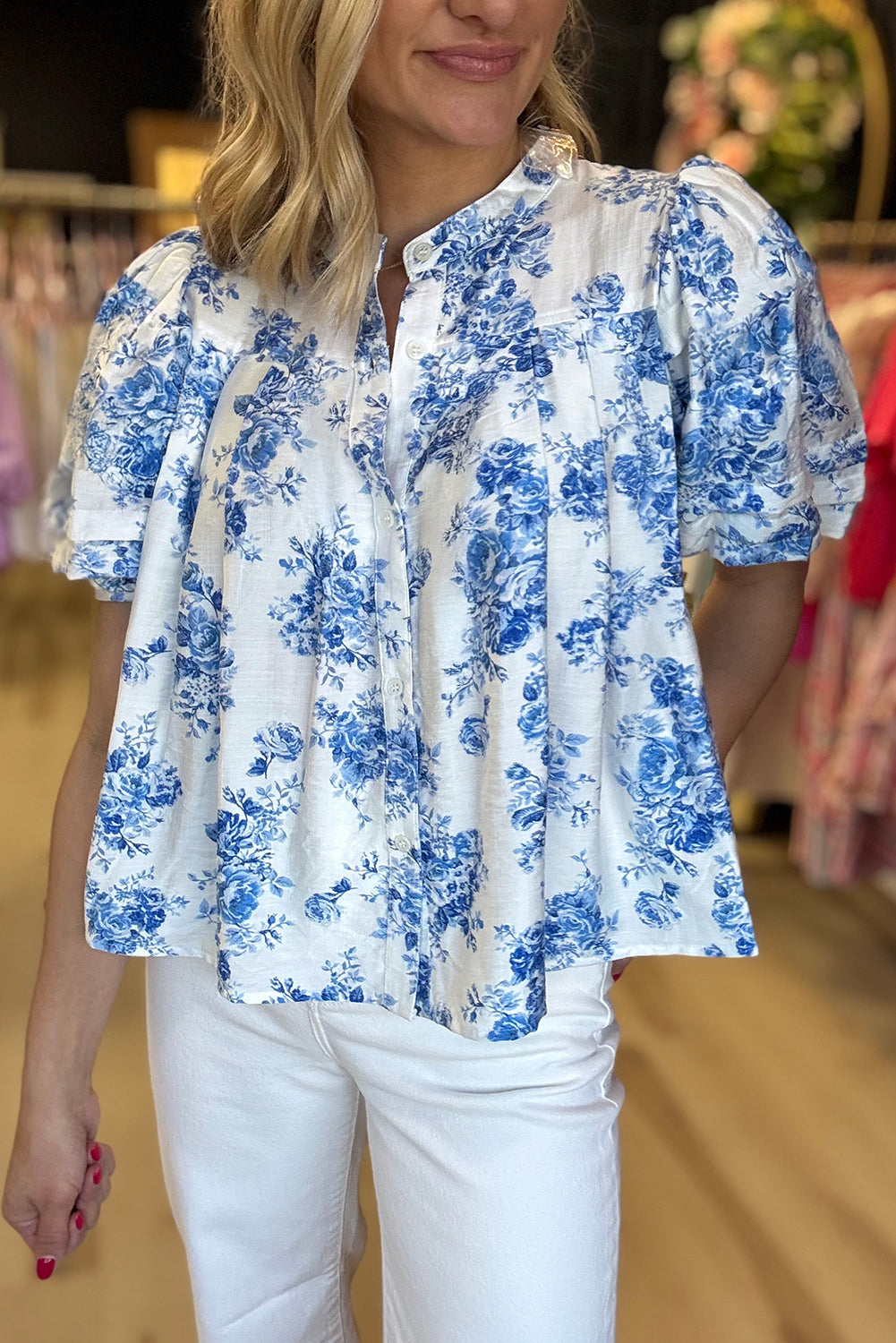 Sky Blue Floral Tiered Puff Short Sleeve Pleated Bust Buttoned Casual Shirt eAura