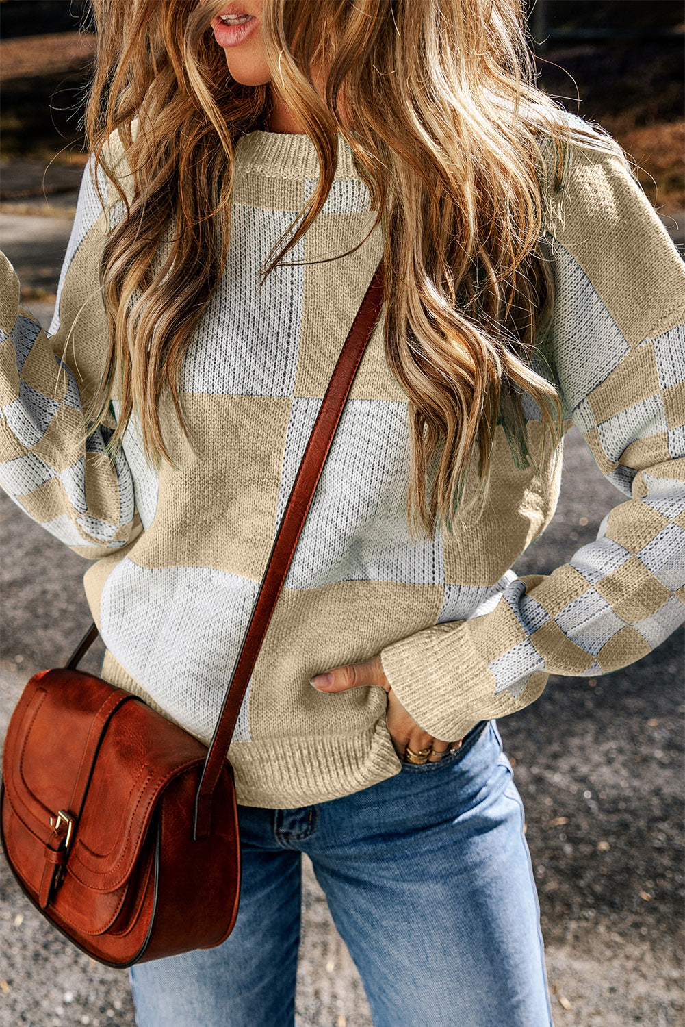 Flaxen Checkered Print Drop Shoulder Sweater eAura