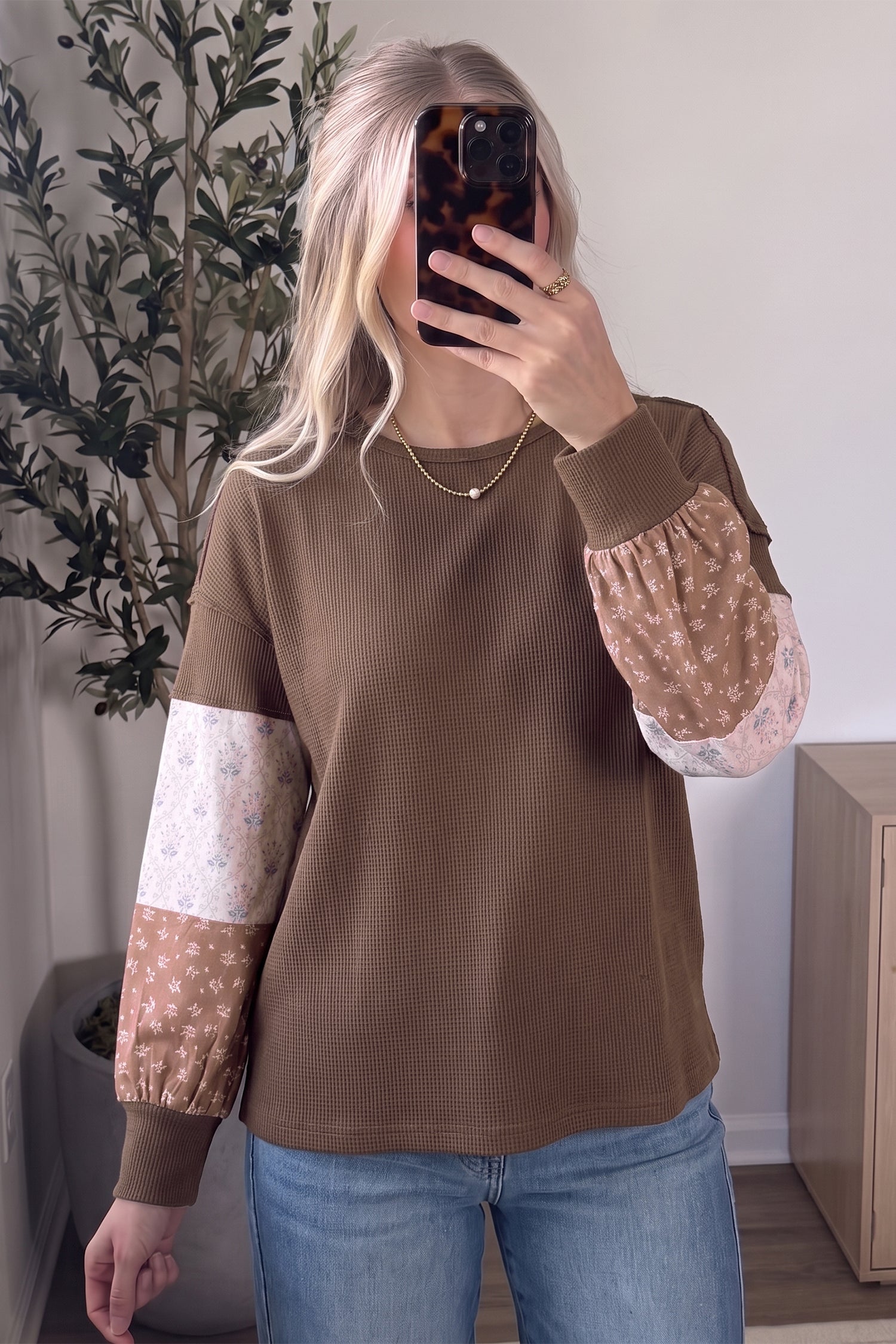 Coffee Floral Print Colorblock Long Sleeve Textured Loose Pullover Tunic Top – Brown
