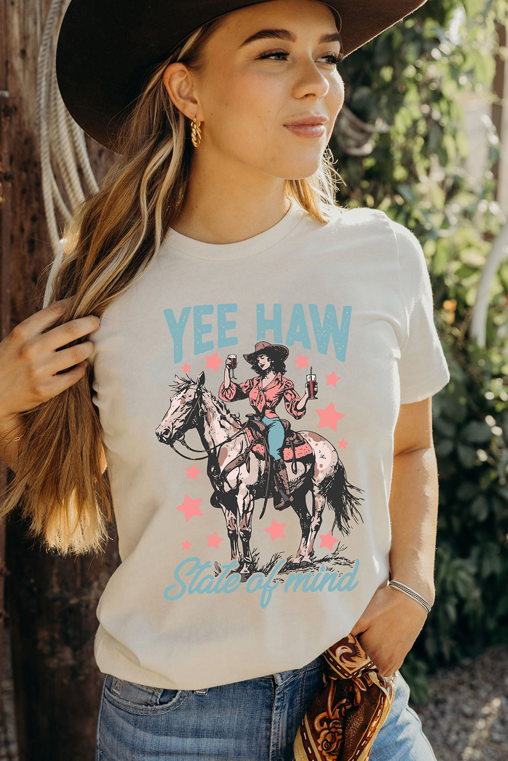 White YEE HAW State of mind Cowgirl Graphic Western Fashion Tee Dear-Lover Dropshipping