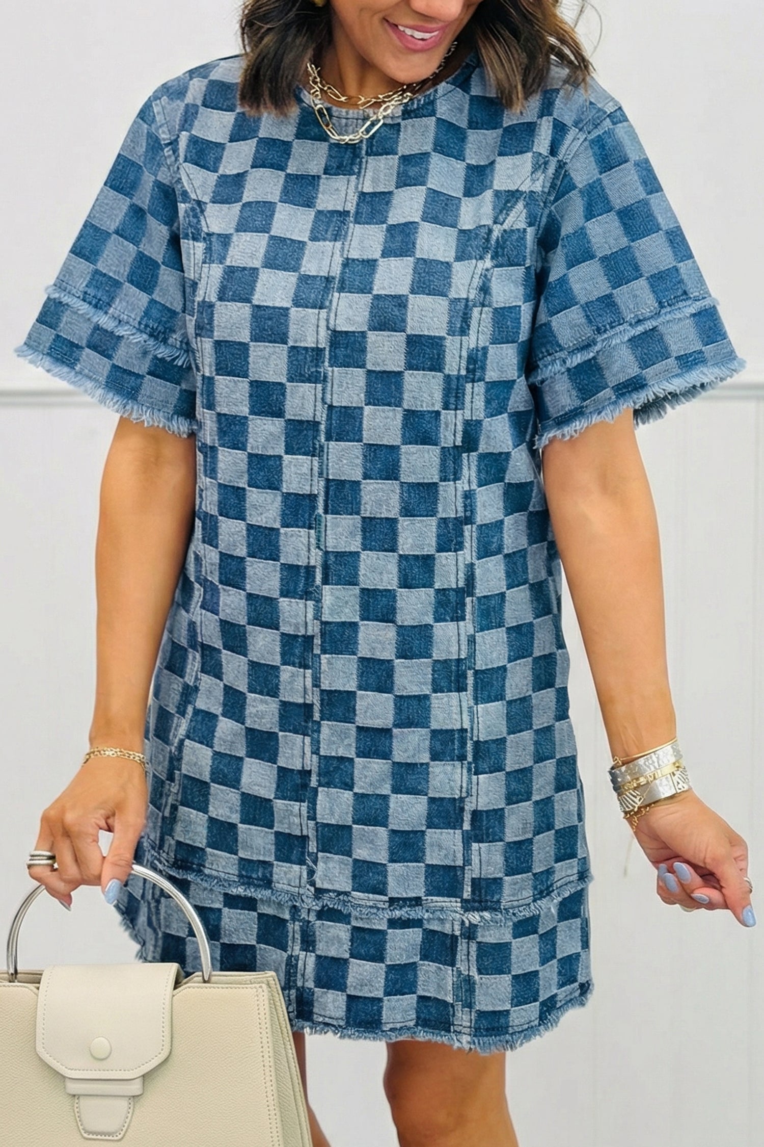 rayed Hem Checkered Denim Mini Dress