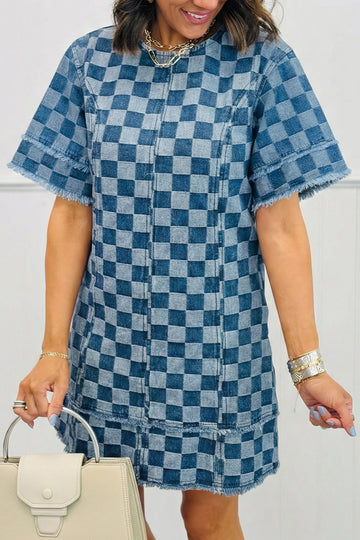 rayed Hem Checkered Denim Mini Dress