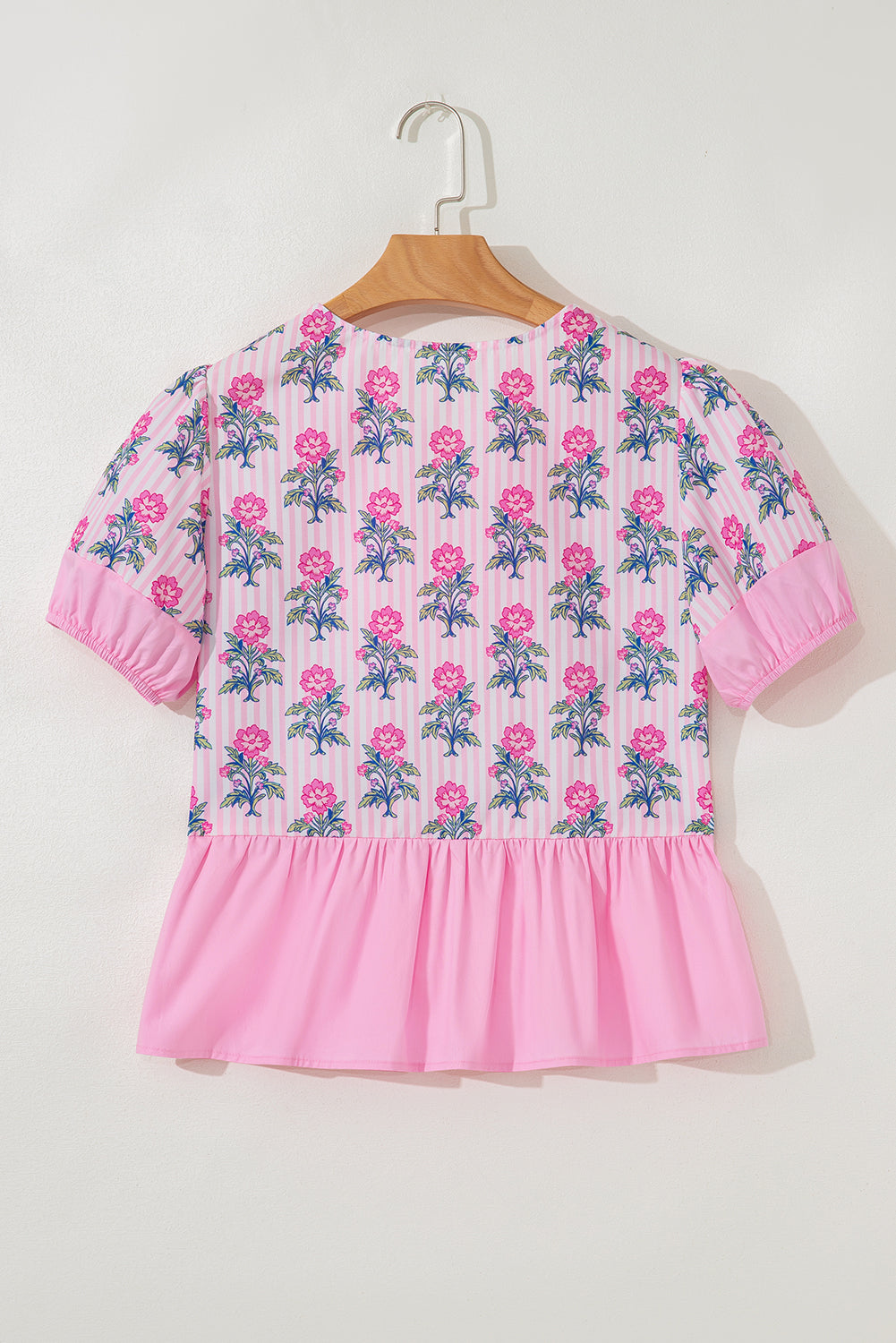 Rose Floral Striped Print Contrast Patchwork Ruffle Hem Blouse eAura