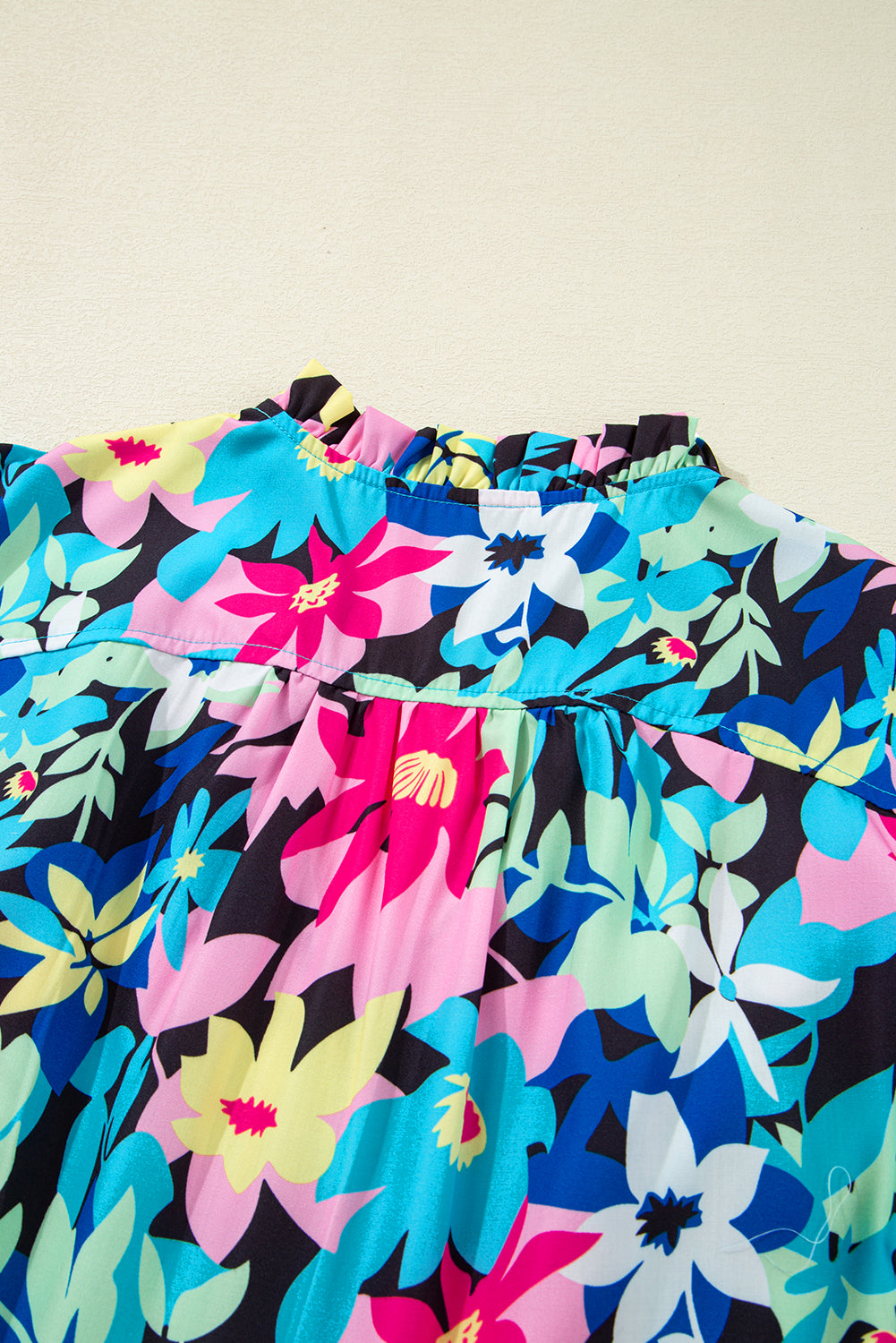 Blue Floral Flutter Sleeve Tied Notched Neck Plus Size Blouse BB Fashion Outlet