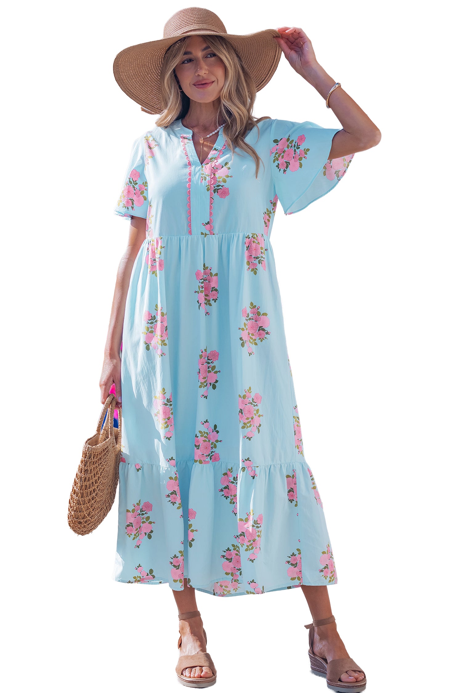 Floral Print Flutter Sleeve Maxi Dress