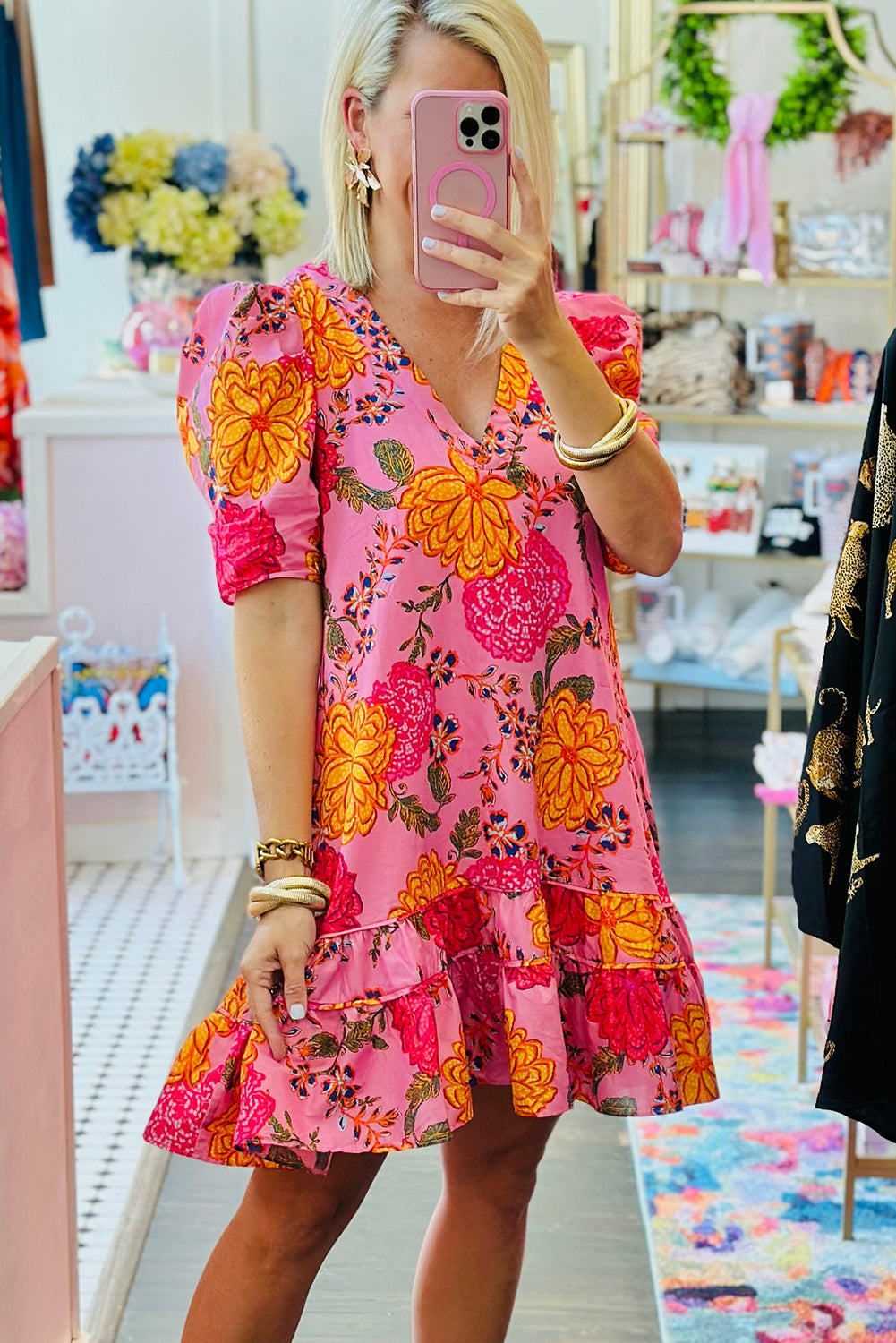 Pink Floral Bubble Sleeve V Neck Ruffled Mini Dress eAura