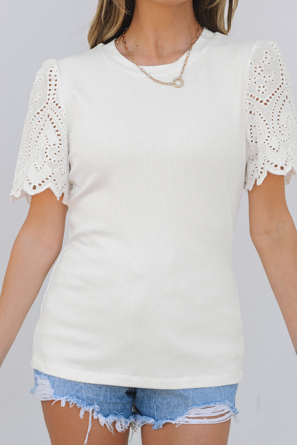 White Eyelet Pattern Short Sleeve Patchwork Ribbed Top eAura