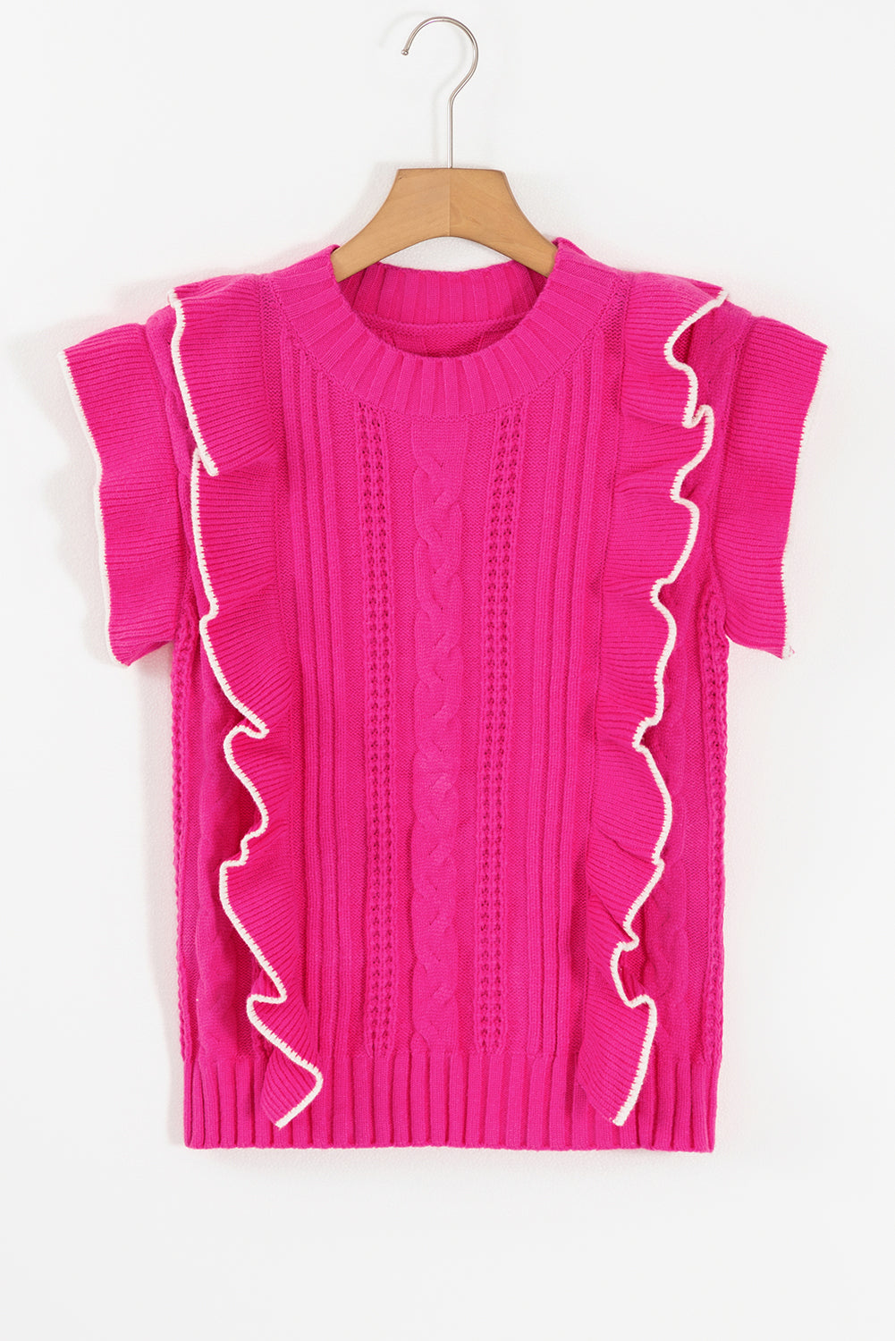 Strawberry Pink Textured Knit Ruffled Mock Neck Sweater Tank eAura