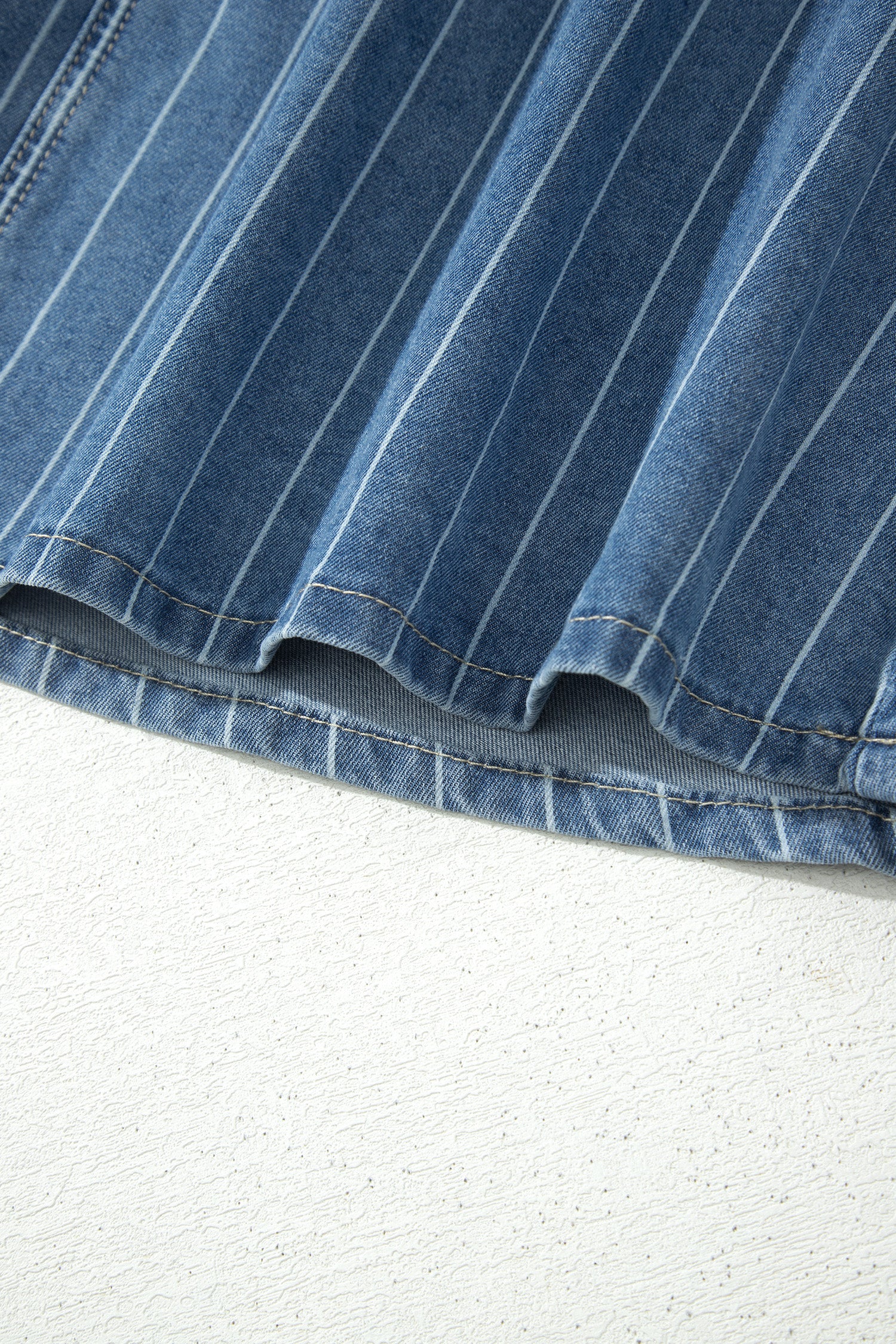 Sky Blue Stripe Pintuck High Waist Drawstring Denim Midi Skirt