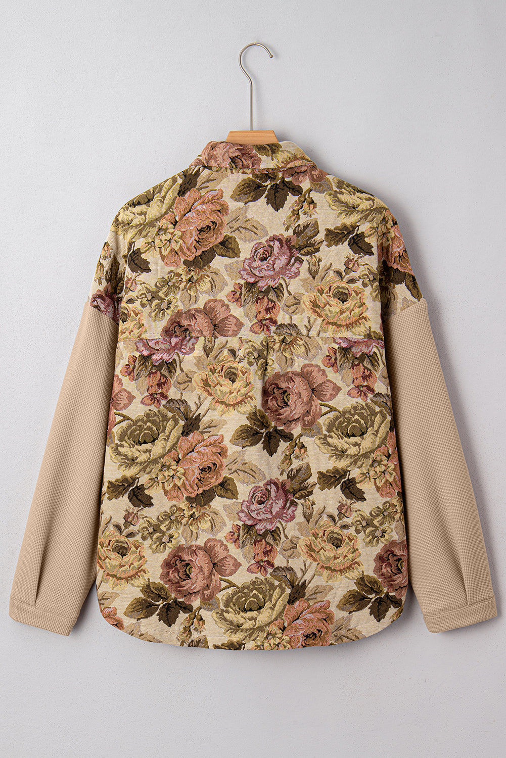 Khaki Floral Waffle Patchwork Chest Pockets Buttoned Jacket eAura