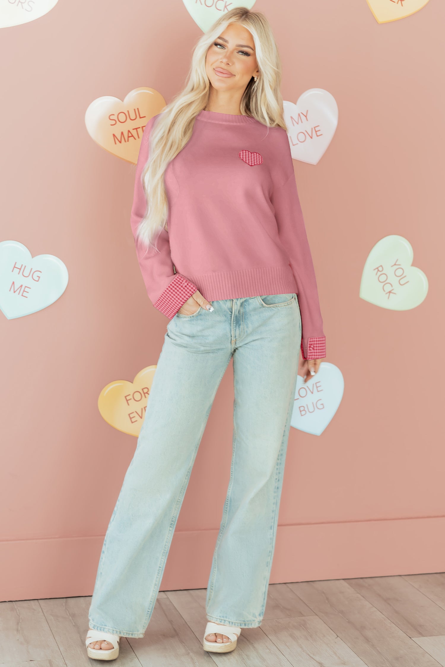 Heart Embroidered Cuffed Drop Shoulder Sweater - Sweaters & Cardigans/Sweaters
